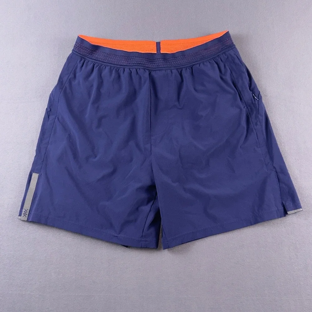 Rhone Mens M Navy Blue 5 Inch Inseam Lined Athletic Training Shorts Orange Trim